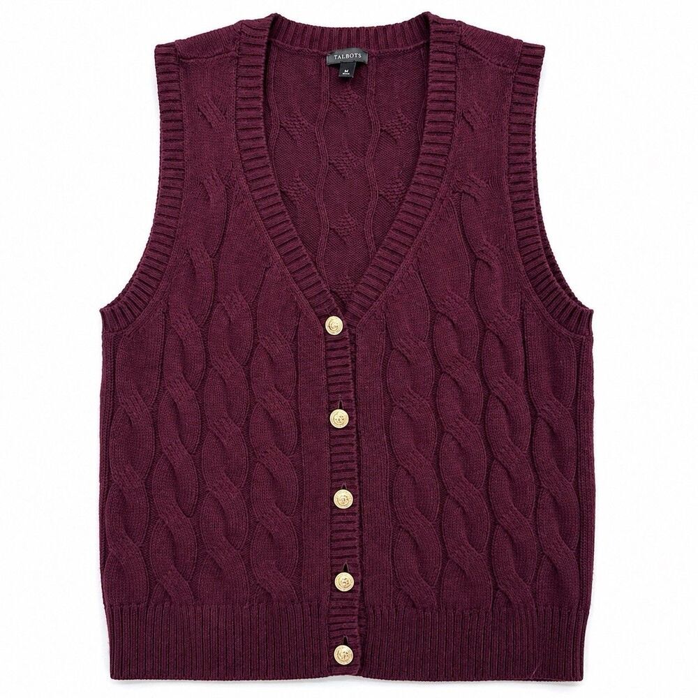 Talbots Burgundy Wool Blend Sleeveless Cable-Knit V-Neck Sweater Vest Women M - Picture 2 of 5